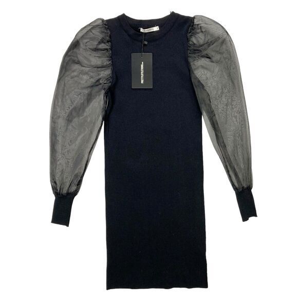 Pretty Little Thing Mini Dress Women Sz M/L Black Sheer Puff Sleeve Elegant Chic - Picture 3 of 16